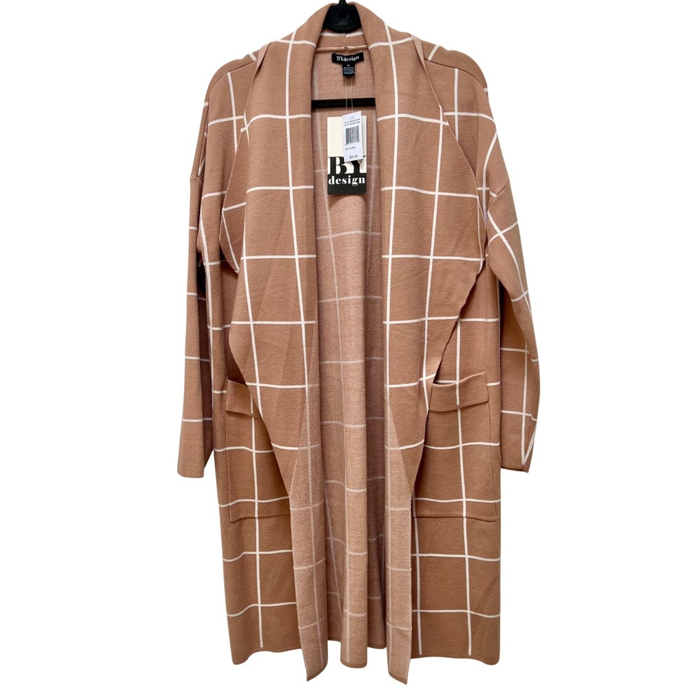 BYdesign Womens XL Camel Grid Knit Open Front Longline Coatigan Sweater Designer